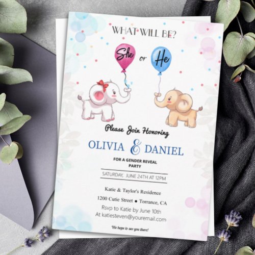 Cute Elephant Gender Reveal  Invitation