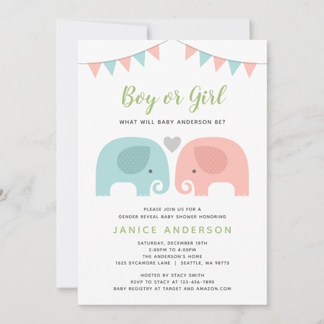 Cute Elephant Gender Reveal Invitation (Front)