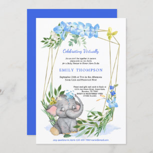 Cute Elephant Geometric Blue Virtual Baby Shower Invitation