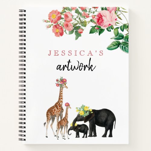 Cute Elephant Giraffe Baby Girl Artwork Sketchbook Notebook