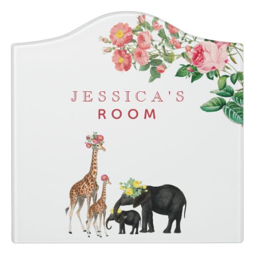 Cute Elephant  Giraffe Baby Girl Nursery Decor Door Sign