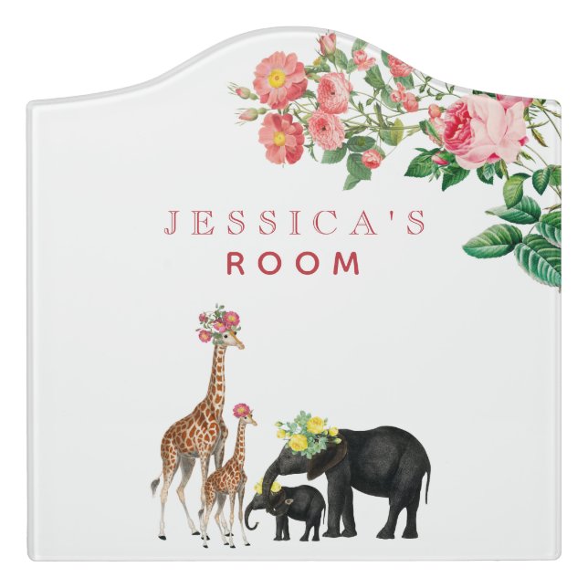 Cute Elephant & Giraffe Baby Girl Nursery Decor Door Sign (Large Crest Front)