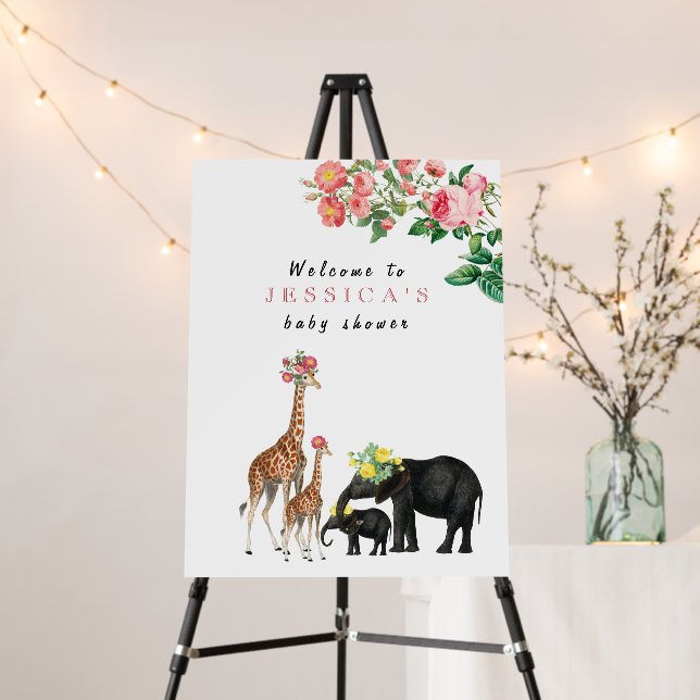 Cute Elephant & Giraffe Baby Shower Welcome Sign (In Situ (Stand))