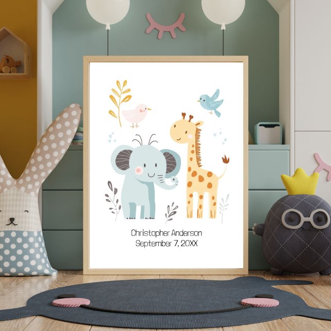 Cute Elephant Giraffe Birds Personalized Nursery  Poster (Personalized Birth Stats Nursery Wall Art. Design is Elephant Giraffe and Birds. Add babies name )