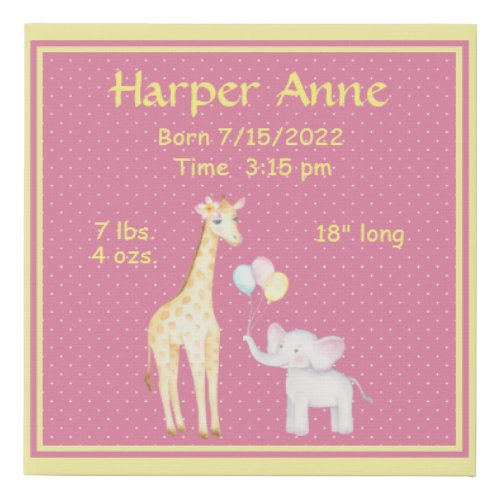 Cute Elephant  Giraffe Birth Information  Faux Canvas Print