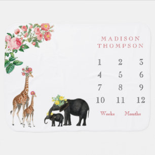 Cute Elephant & Giraffe Floral Baby Milestone Baby Blanket