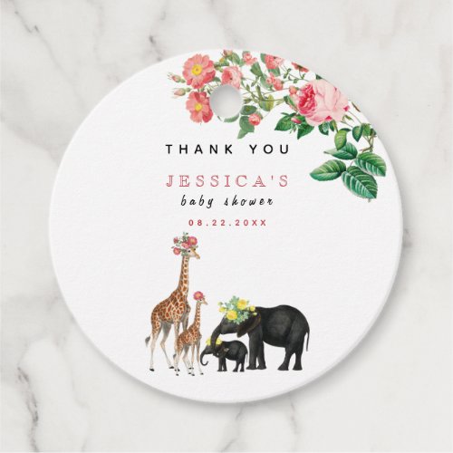 Cute Elephant  Giraffe Floral Baby Shower Girl Favor Tags