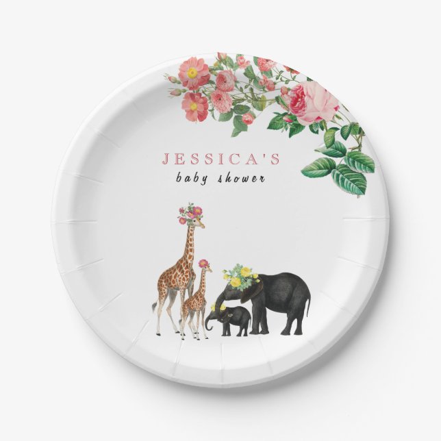 Cute Elephant & Giraffe Floral Baby Shower Girl Paper Plates (Front)
