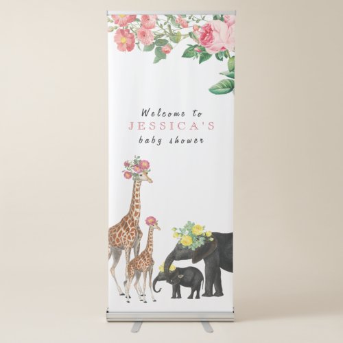 Cute Elephant  Giraffe Floral Baby Shower Welcome Retractable Banner