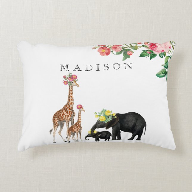 Cute Elephant & Giraffe Floral Custom Baby Name Accent Pillow (Front)