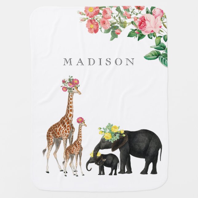 Cute Elephant & Giraffe Floral Custom Baby Name Baby Blanket (Front)