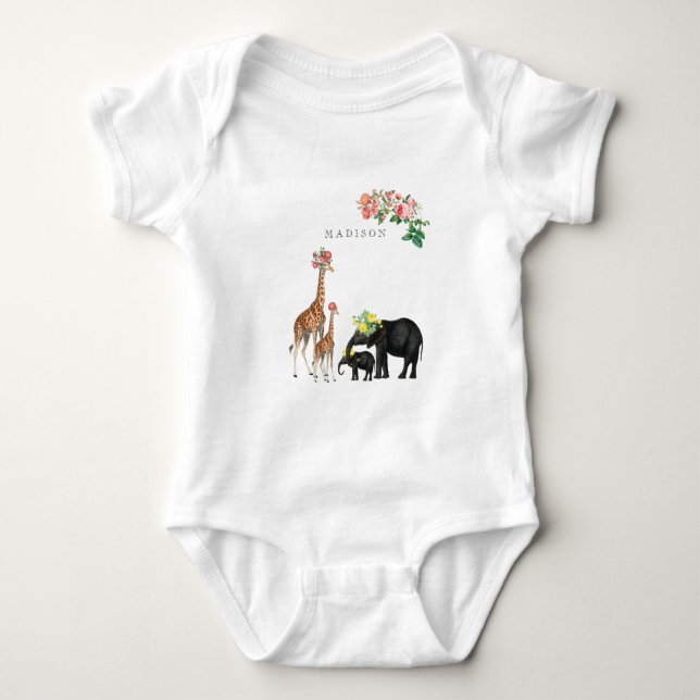 Cute Elephant & Giraffe Floral Custom Baby Name Baby Bodysuit (Front)