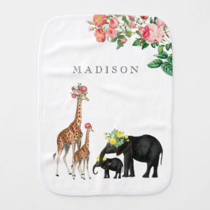 Cute Elephant & Giraffe Floral Custom Baby Name Baby Burp Cloth