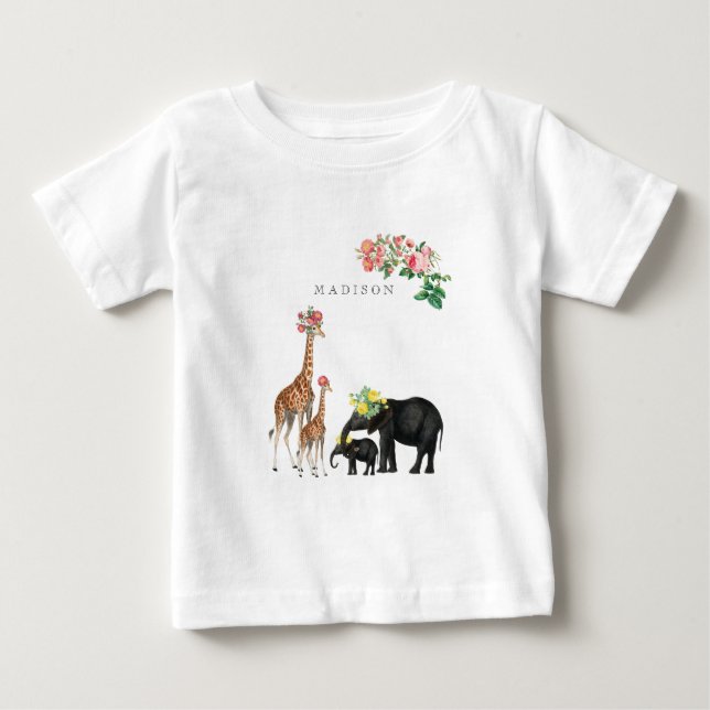 Cute Elephant & Giraffe Floral Custom Baby Name Baby T-Shirt (Front)