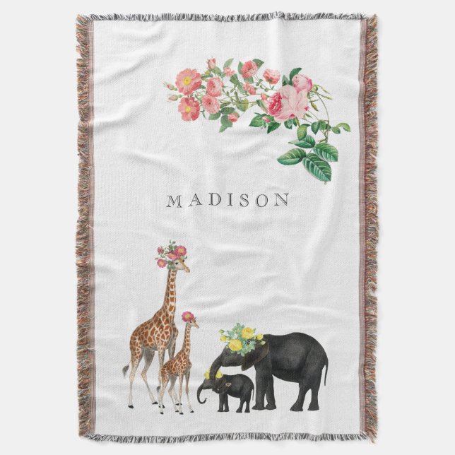 Cute Elephant & Giraffe Floral Custom Baby Name Throw Blanket (Front Vertical)