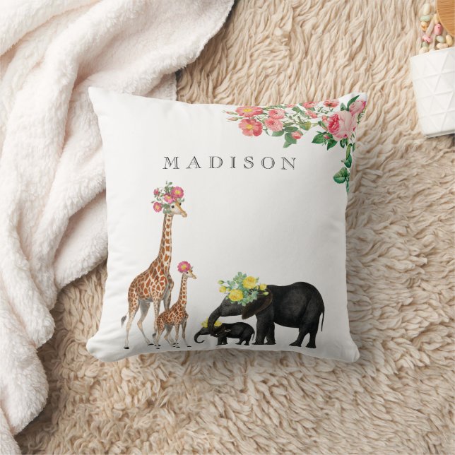 Cute Elephant & Giraffe Floral Custom Baby Name Throw Pillow (Blanket)