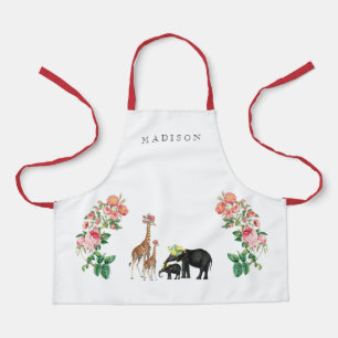 Cute Elephant & Giraffe Floral Custom Name Kids Apron