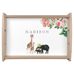 Cute Elephant & Giraffe Floral Custom Name Serving Tray