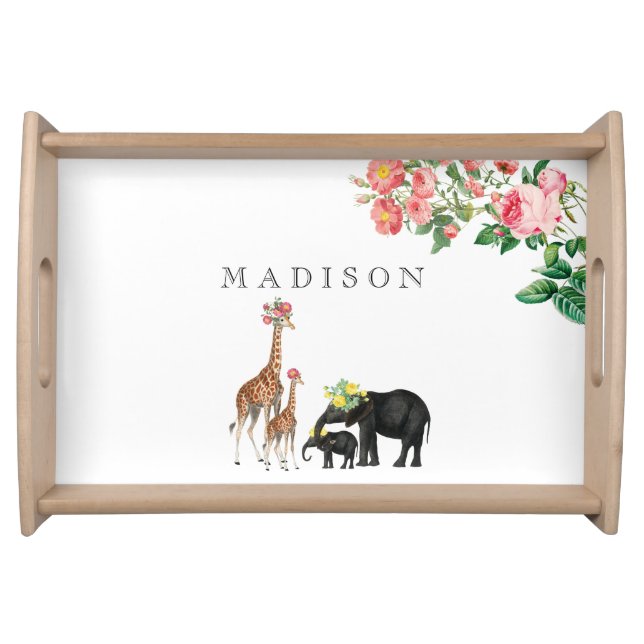 Cute Elephant & Giraffe Floral Custom Name Serving Tray (Front)