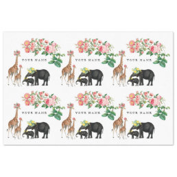 Cute Elephant &amp; Giraffe Floral Custom Name Tissue Paper