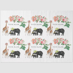 Cute Elephant & Giraffe Floral Custom Name Tissue Paper