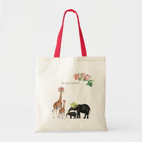 Cute Elephant  Giraffe Floral Custom Name Tote Bag