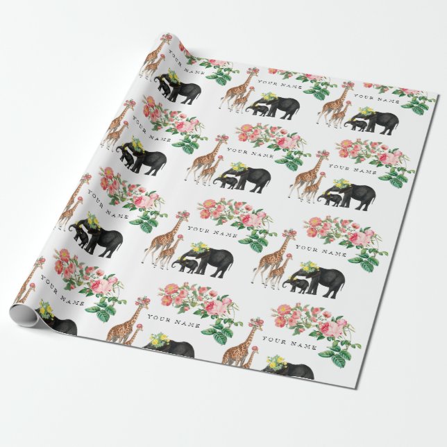 Cute Elephant & Giraffe Floral Custom Name Wrapping Paper (Unrolled)