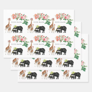 Cute Elephant & Giraffe Floral Custom Name Wrapping Paper Sheets