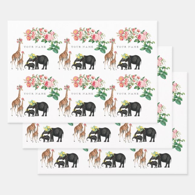 Cute Elephant & Giraffe Floral Custom Name  Wrapping Paper Sheets (Set)
