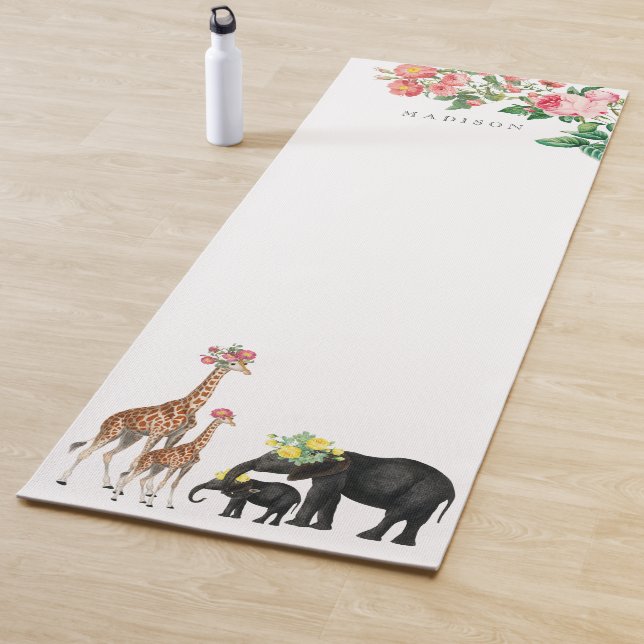 Cute Elephant & Giraffe Floral Custom Name  Yoga Mat (In Situ)