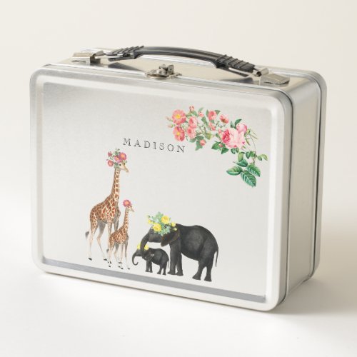 Cute Elephant  Giraffe Floral Girl Custom Name Metal Lunch Box