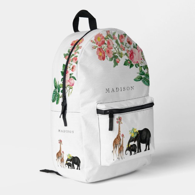 Cute Elephant & Giraffe Floral Girl Custom Name Printed Backpack (Back Corner Left)