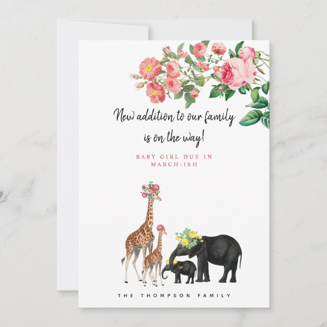 Cute Elephant Giraffe Floral Pregnancy Announcemt Invitation (Front)