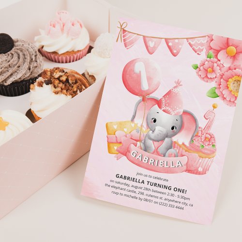 Cute Elephant Girl 1st Birthday Party Invitation