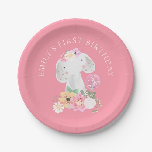 Cute Elephant Girl 1st Birthday Party Pink Paper Plates