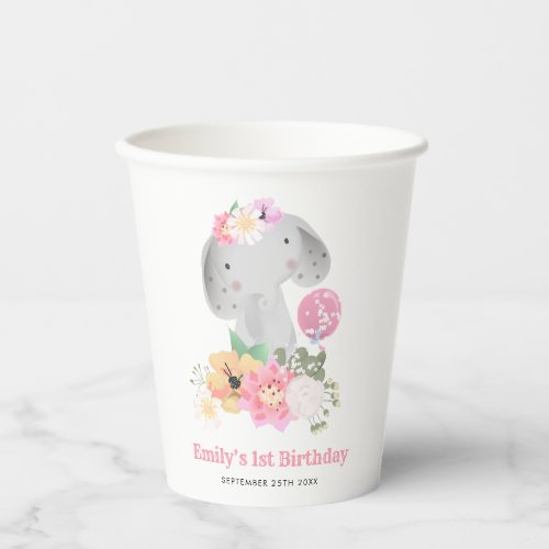Cute Elephant Girl 1st Birthday Pink Party Paper Cups