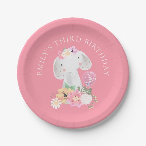 Cute Elephant Girl 3rd Birthday Party Pink Paper Plates
