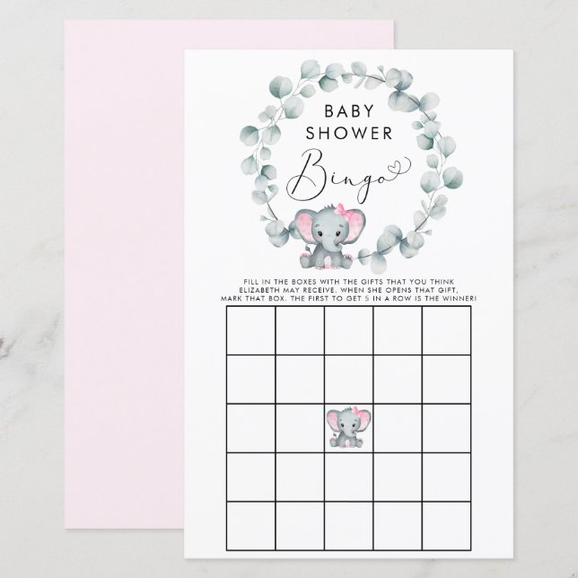 Cute Elephant Girl Baby Bingo Shower Game (Front/Back)