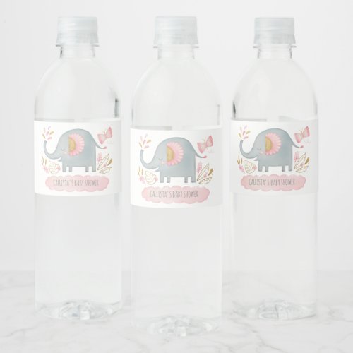 Cute Elephant Girl Baby Shower Favor Water Bottle Label