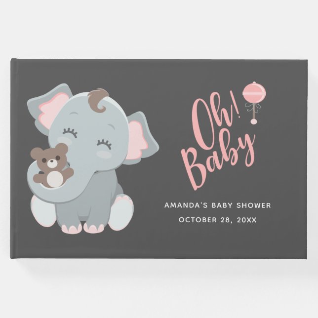 Cute Elephant Girl Baby Shower Guest Book (Front)