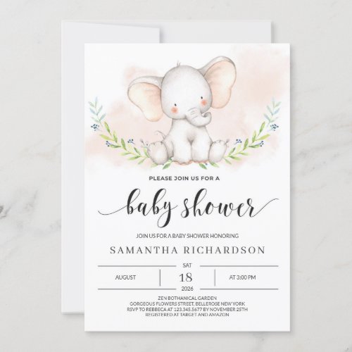 Cute Elephant Girl Baby Shower Invitation Blush