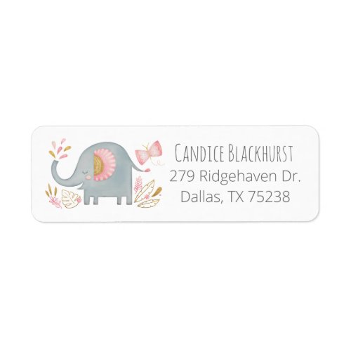 Cute Elephant Girl Baby Shower Return Address Label