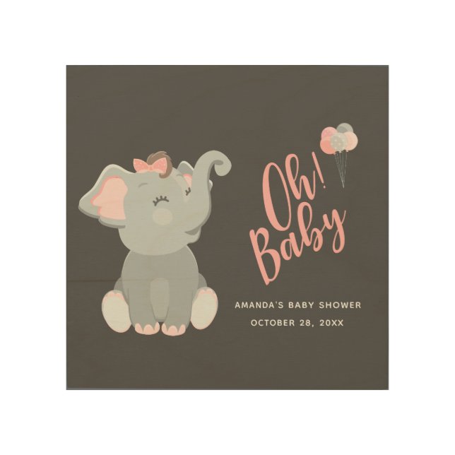 Cute Elephant Girl Baby Shower Wood Wall Art (Front)