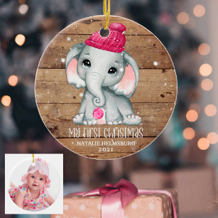 Cute Elephant Girl Baby's FIRST CHRISTMAS Rustic Ceramic Ornament