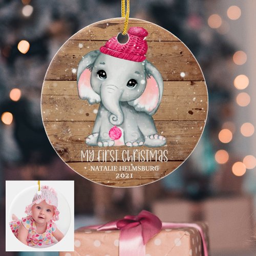 Cute Elephant Girl Babys FIRST CHRISTMAS Rustic Ceramic Ornament