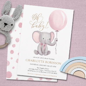 Cute Elephant Girl Balloon Baby Shower Invitation
