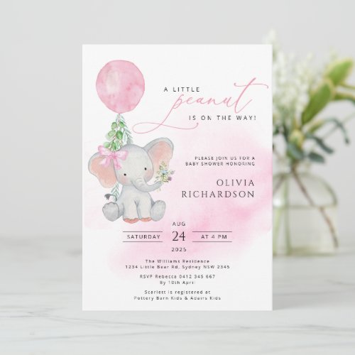 Cute Elephant Girl Balloon Baby Shower Invitation