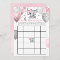 Cute Elephant Girl Balloons Baby Shower Bingo Card