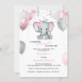 Cute Elephant Girl Balloons Baby Shower Invitation (Front)
