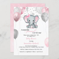 Cute Elephant Girl Balloons Baby Shower Invitation